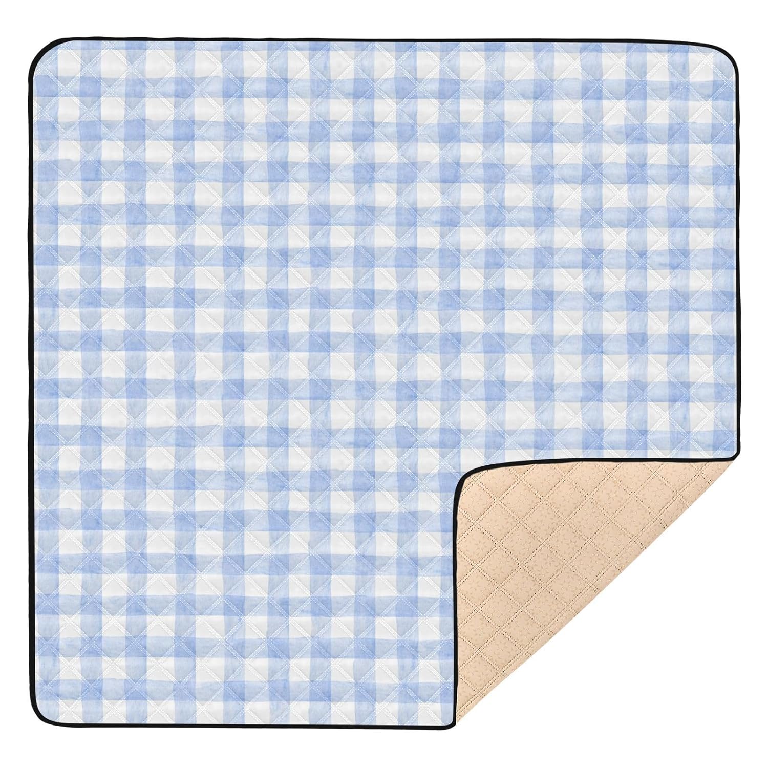 OTVEE Baby Play Mats for Floor Playpen Watercolor Blue Gingham Plaid 50x50 Inch Infants Toddlers Crawling Mat Soft Foam Padded Foldable Playmat Babies Tummy Time Activity Non Slip Rug