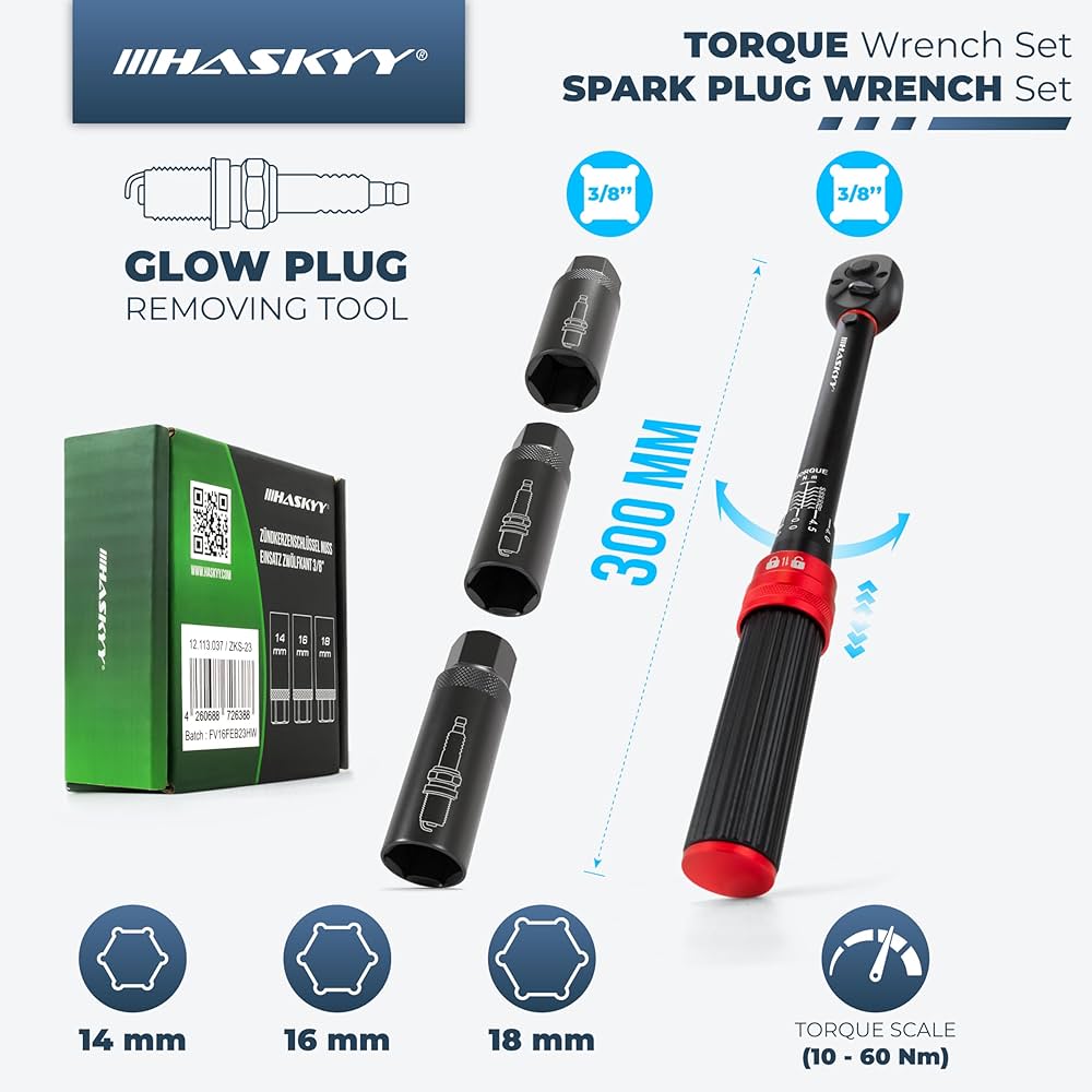HASKYY Momentsleutel, bougiesleutel, set 3/8 inch, 1/2 inch, 10-60 Nm, 14 mm, 16 mm, 18 mm, motorfiets, motor, auto, industrie, auto, draaimoment, ratel, sleutel voor bougies, gloeibougies