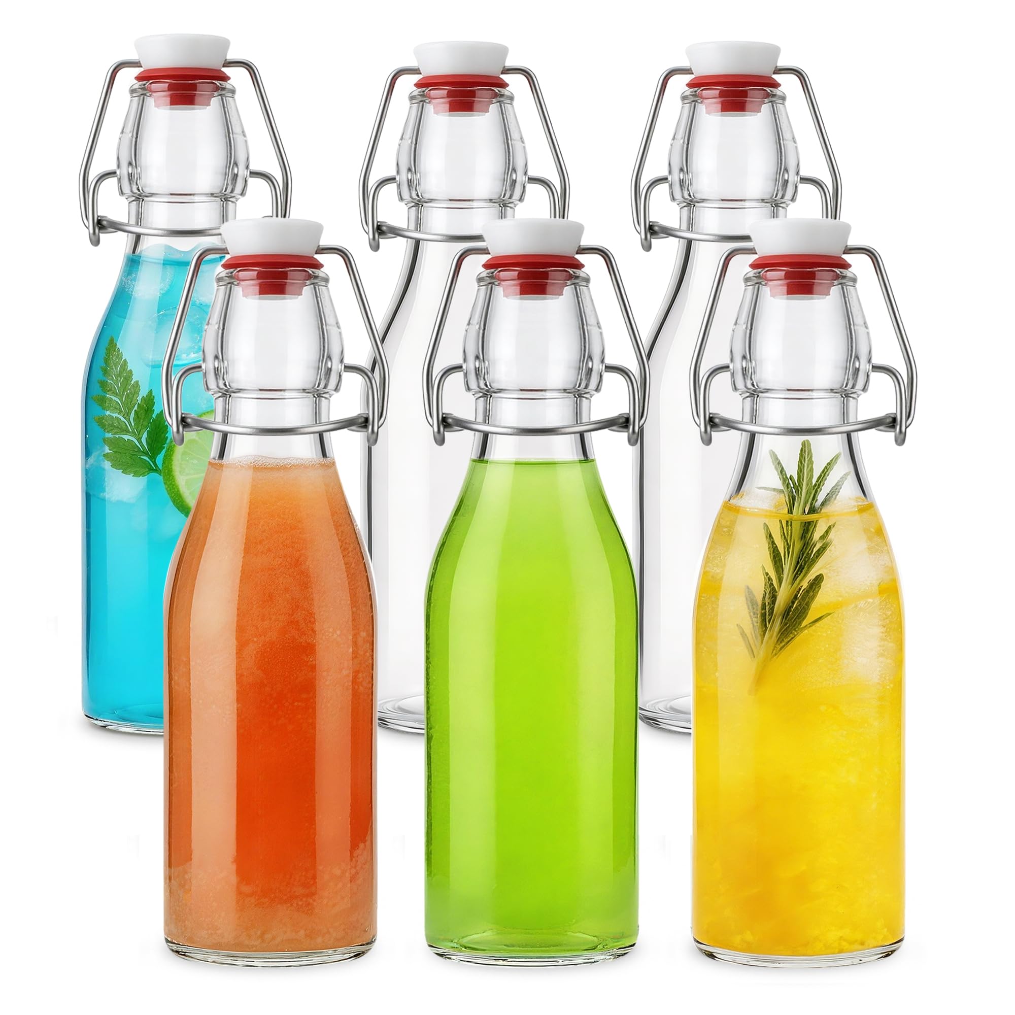 Bayseun 6 Pack Glass Swing Top Bottles 250ml - Airtight Home Brewing Bottles, Leak Proof Clear Glass Storage with Stainless Steel Cap for Kombucha Beer Oil Vinegar