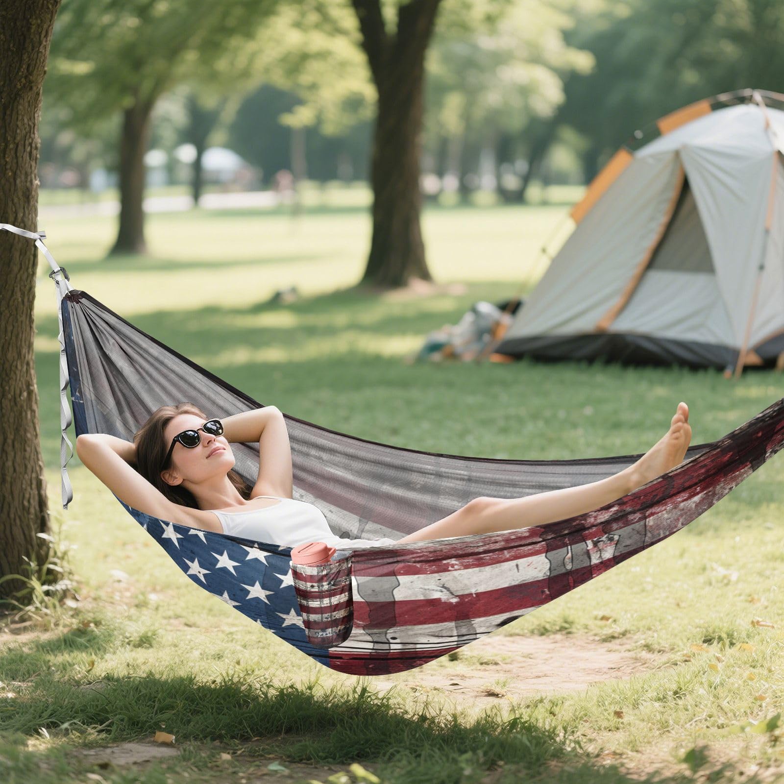 Delgada Bandera Americana Azul Hamaca Ligera y Portátil para Camping al Aire Libre, Ideal para Árboles, Senderismo, Playa y Viajes