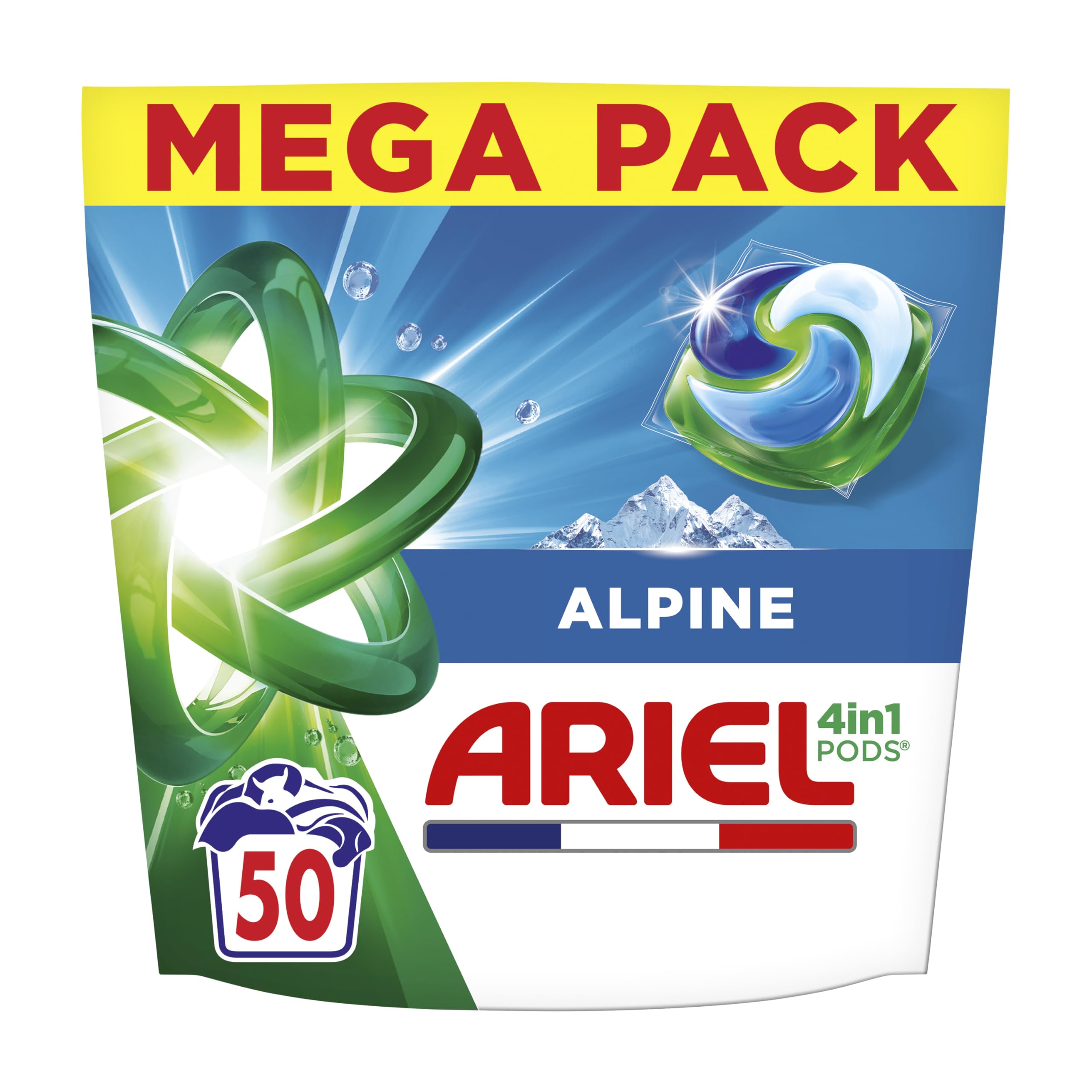 Ariel PODS 4en1, Lessive En Capsule, 50 Lavages, Alpine, Élimination Impeccable Des Tâches, Efficace Même A Froid Et En Cycle Court