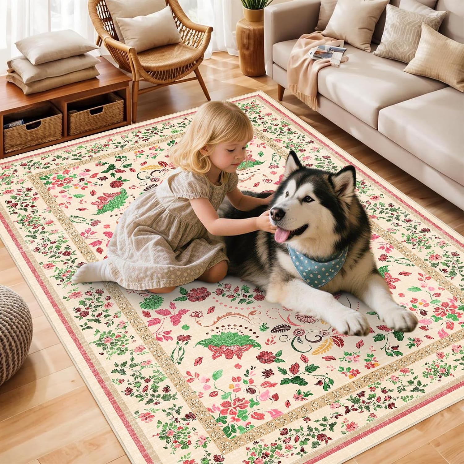 3x5 Pink Floral Rugs for Living Room - Vintage Floral Rug for Bedroom Kids Room, Vintage Boho Home Decor Non Slip Carpet