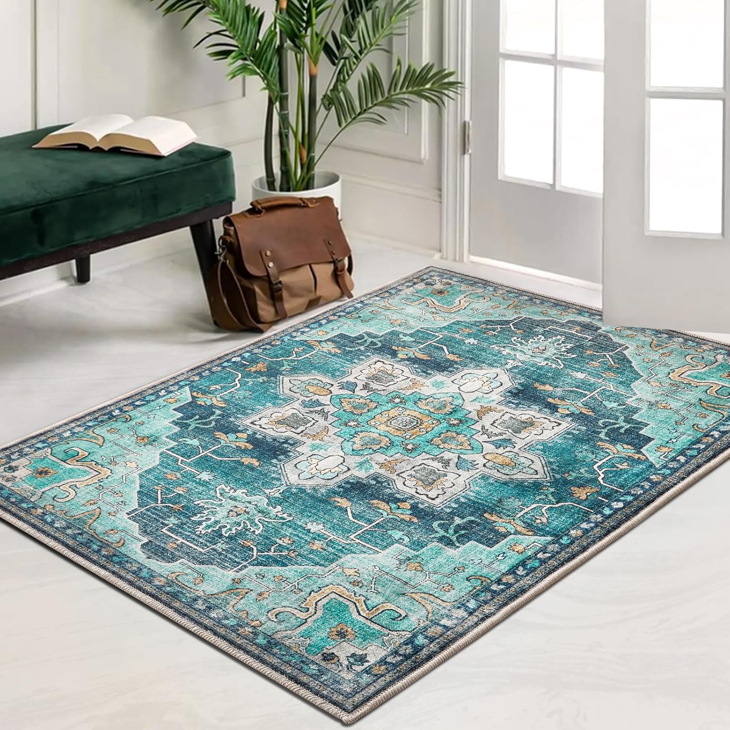 Area Rug 3×5, Boho Vintage Rug Non Slip Low Pile Rugs, Machine Washable Floral Print Small Carpet for Bedroom Living Room Entryway Kitchen Home Decor, Teal