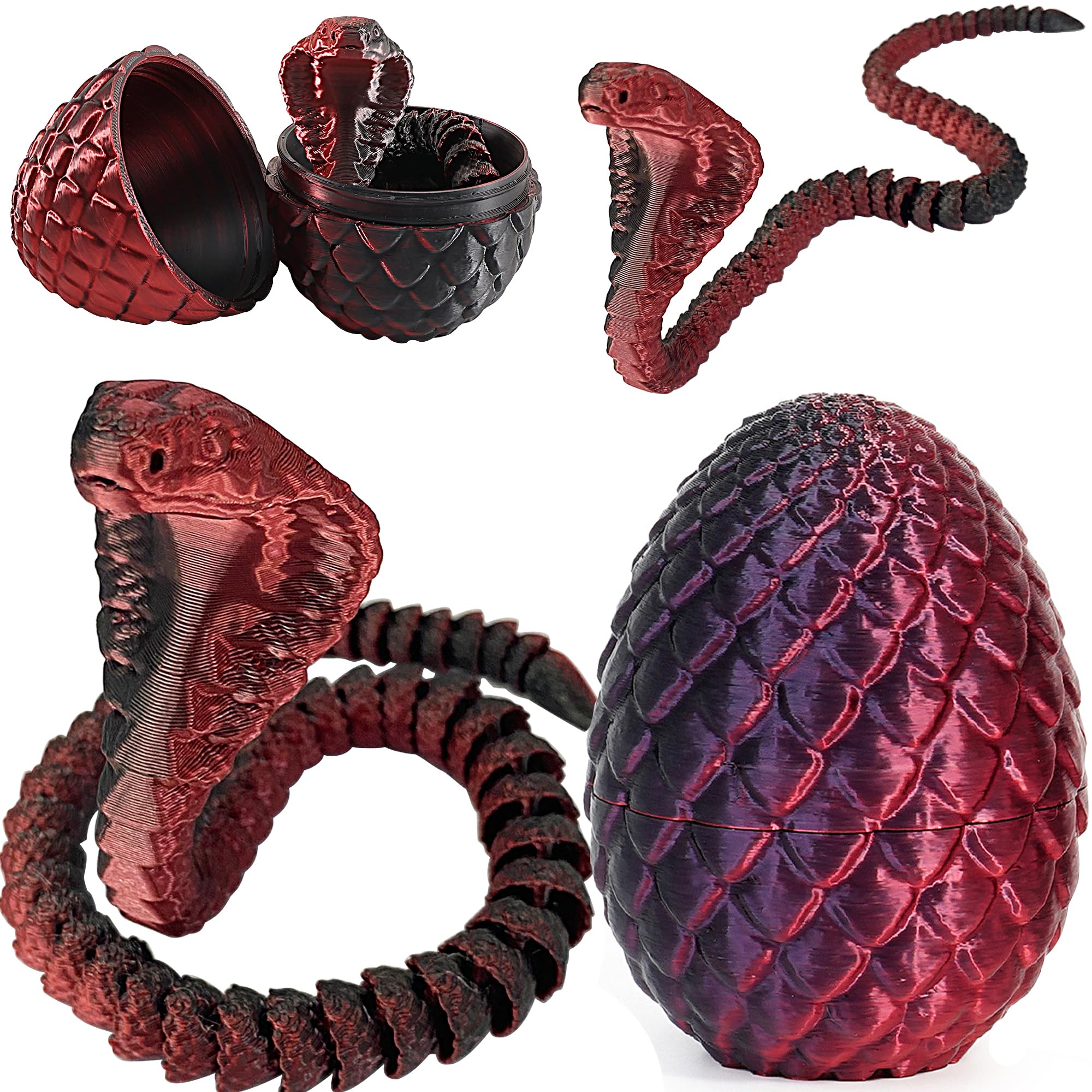 Joycabin 3D Printed Animals, 3D Printed Snake Fidget Toy, Easter 3D Printed Cobra Snake Eggs, Fidget Mini Animals Toy Articular Mobility Toys for Adults and Kids Autism/ADHD (Cobra - Black Red)