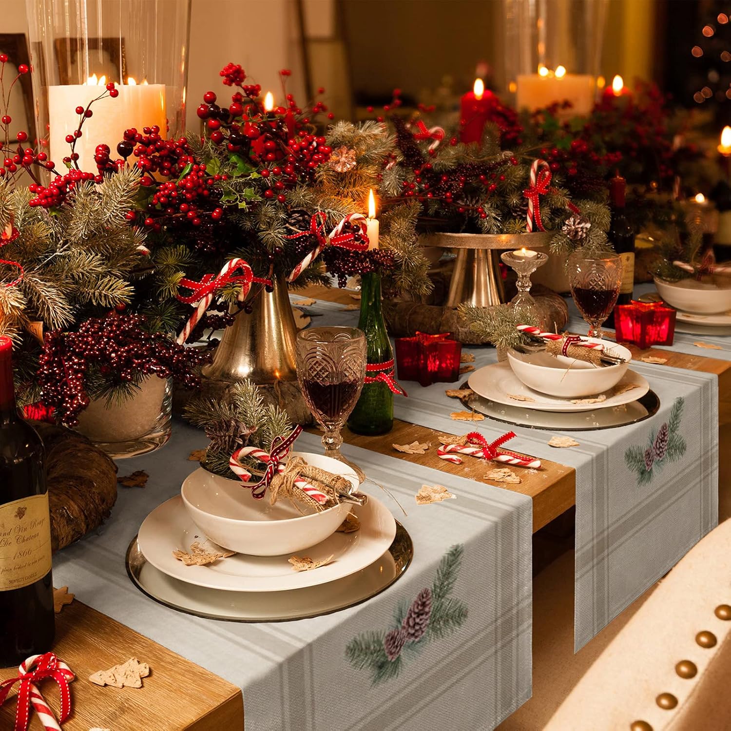 Lilmeme Table Runners 120 inches Long Christmas Winter Pine Tree, Wedding/Coffee Runner, Farmhouse Style Linen Cloth for Dinning Holiday Party Indoor Outdoor Decor, Heat,Grey Striped Khaki 13x120inch