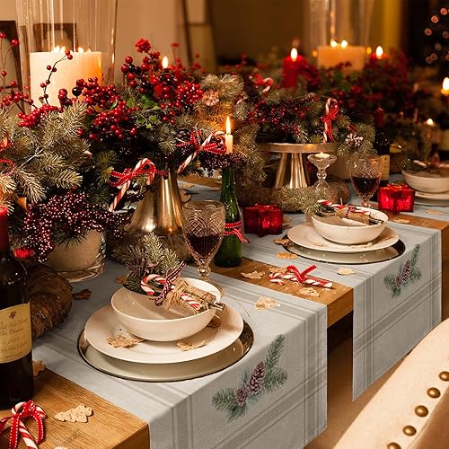 Miniatura 5 de Camino de mesa de 90 pulgadas de largo, pino de invierno de Navidad, camino de bodacafé, paño de lino estilo granja, rayas grises,