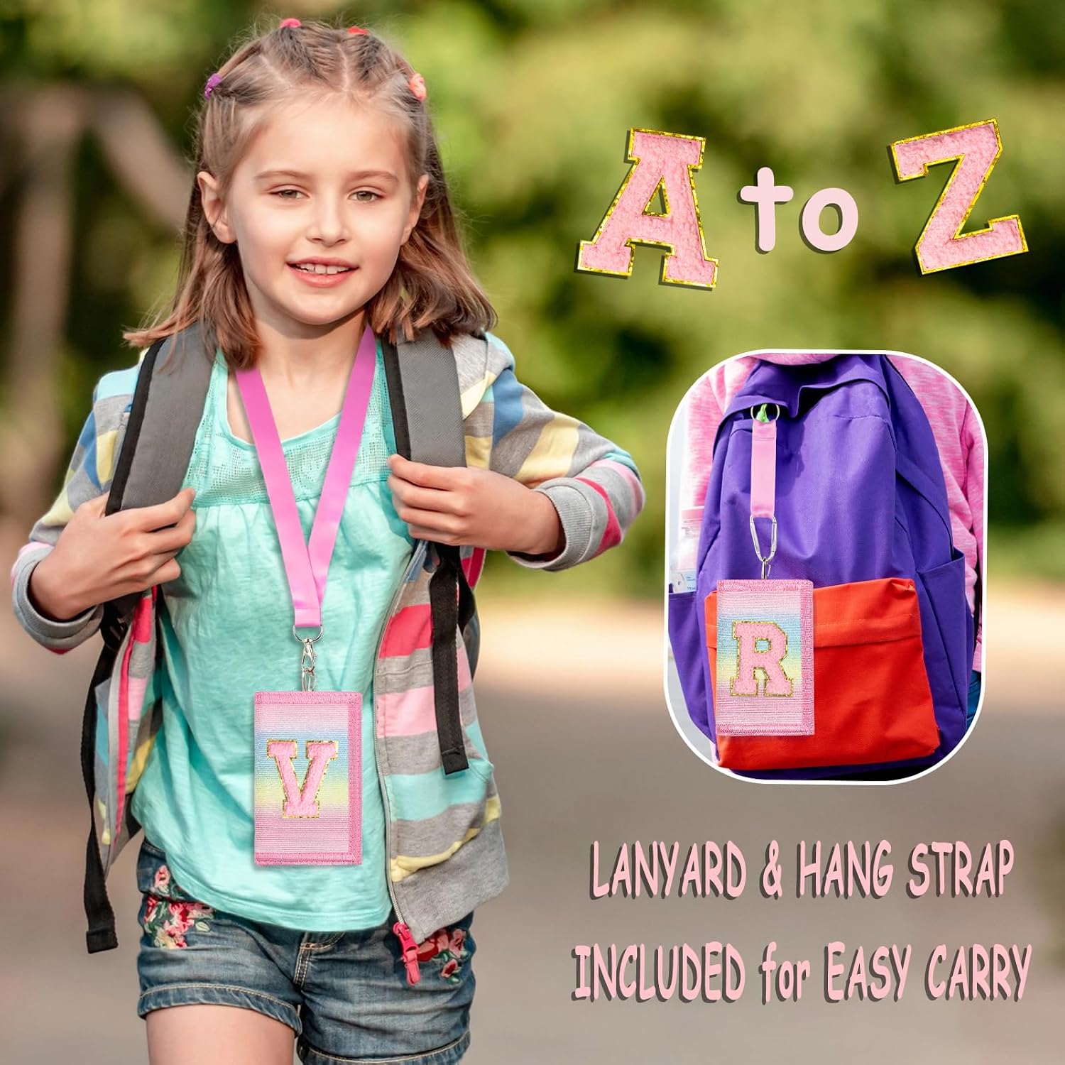 Girls Wallet for Kids Initial Glitter Wallets Trifold with Zipper and Card Slots Including Neck Lanyard and Hanging Strap, Rainbow with Stripes, M