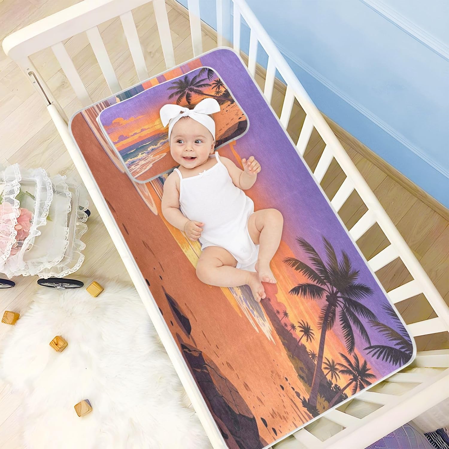 Cooling Baby Waterproof Crib Mattress Cover 28" x 52" Breathable Tropical Palm Tree Paradise Ocean Pads for beds for Kids, Adult