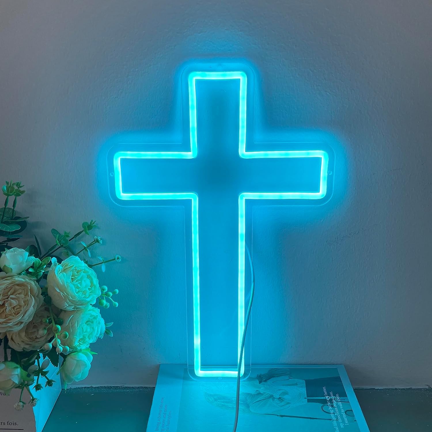 Cross Neon Sign LED Light Wall Art Decor Interior Design Lamp Hanging for Church Club Party Bedroom Decor Kids Teens Kids Halloween Christmas Wedding Party Acrylic Signs (Ice Blue)