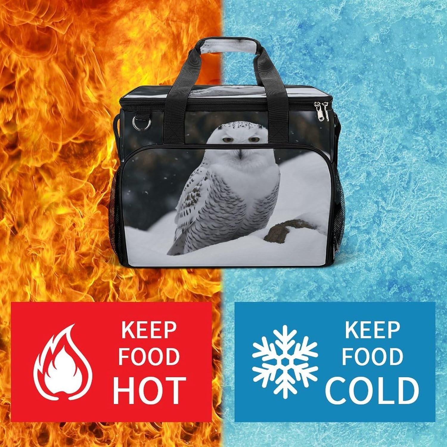 Large Capacity Oxford Cloth Snow Owl Printed Camping Ice Bag, Outdoor Portable Insulation and Cooling Bag, Suitable for Outdoor Camping and Picnics