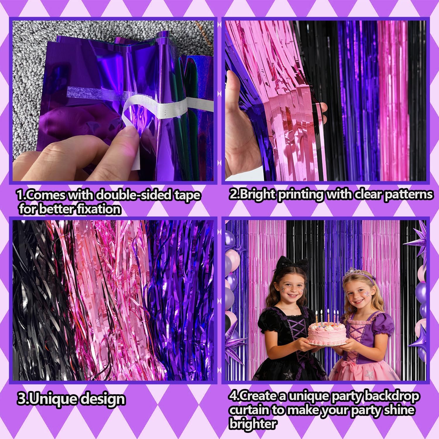 Pink Purple Black Foil Fringe Curtains Birthday Decorations, 2 Pack 3.2x6.6ft Kawaii Tinsel Backdrop Photo Booth Props Cute Anime Birthday Party Decorations Supplies Favors - Image 6