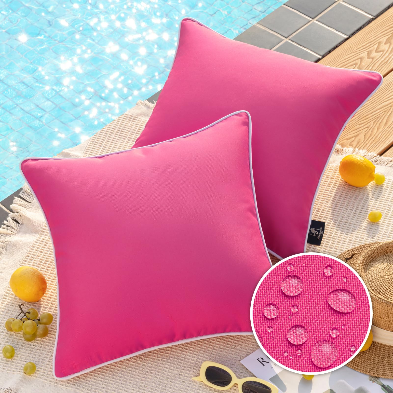 Phantoscope Pack of 2 Outdoor Waterproof Throw Pillow Covers Decorative Square Outdoor Pillows Cushion Case Patio Pillows for Couch Tent Sunbrella, Hot Pink 18x18 inches 45x45 cm