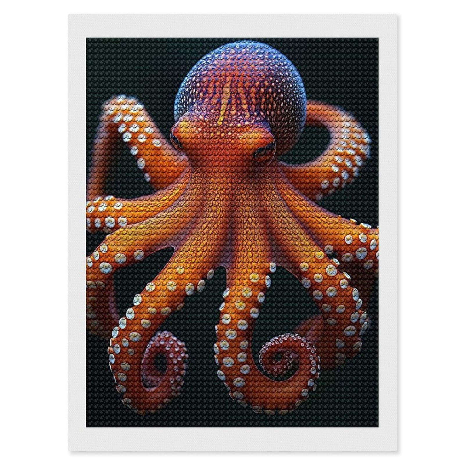 Junmoney Detailed Orange Octopus Portrait DIY Diamond Art Canvas Kit 12"x16", for Adults, Decorate Your Room, Gift Idea, Modern Decor, Finish and Display
