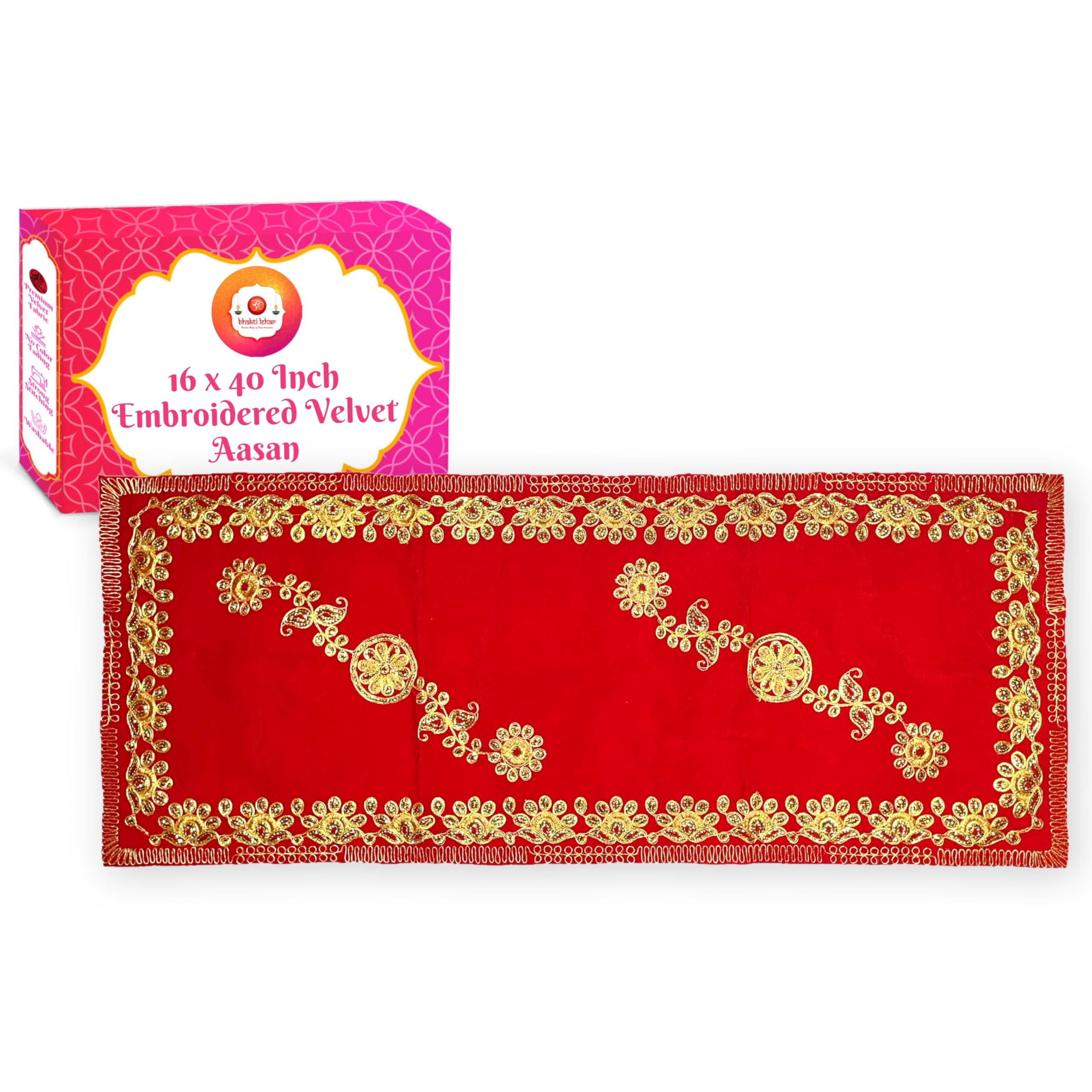 Bhakti Lehar (16 x 40 Inch) Large Size Embroidered Velvet Pooja Aasan Mat for God Idol Sitting, Home Mandir Decoration, Temple Shelf, Pooja Chowki - Pack of 1 (Design-1)-picture-21