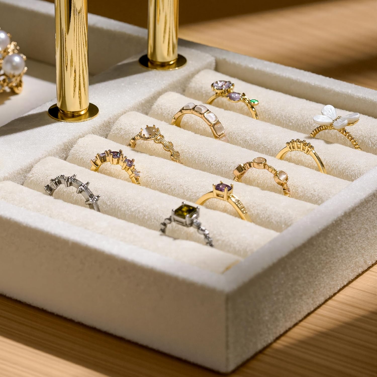 Bracelet Holder Jewelry Organizer Display - 3 Tier T Bar Velvet Stand, Beige Jewelry Storage for Bracelet, Necklaces, Watches - Image 3