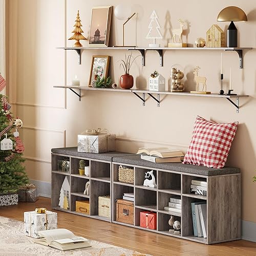 Miniatura 66 de DINZI LVJ Banco organizador de zapatos con cojín, zapatero de 9 cubos y estantes ajustables, multifuncional, para salas de estar, dormitorio, Gris