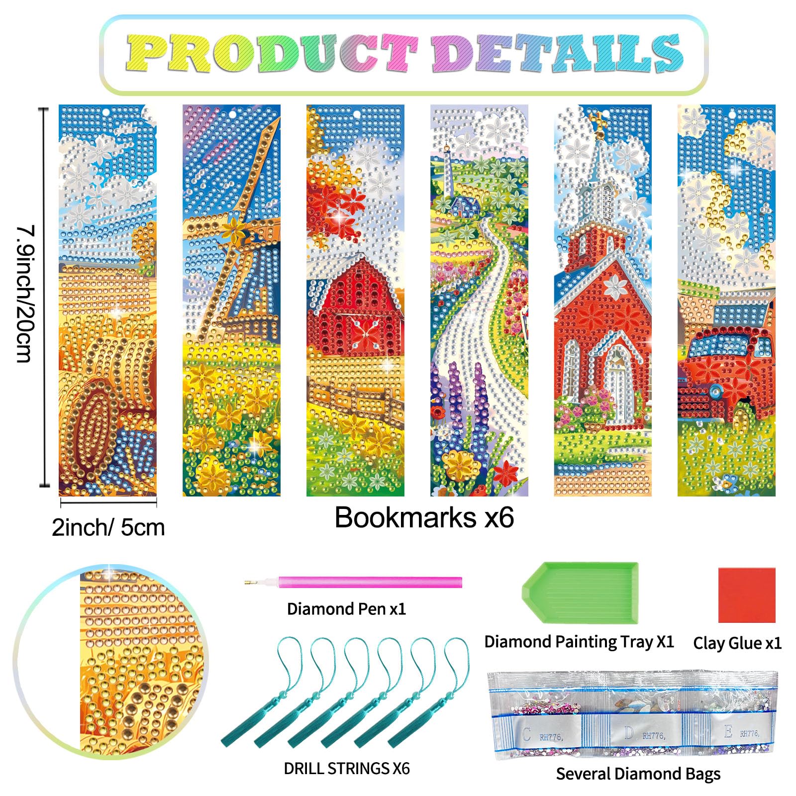 beinkmake 6pcs Rural Scenery Diamond Painting Bookmark with Tassel Set for Adults Diamond Art Gifts for Girls - Image 2