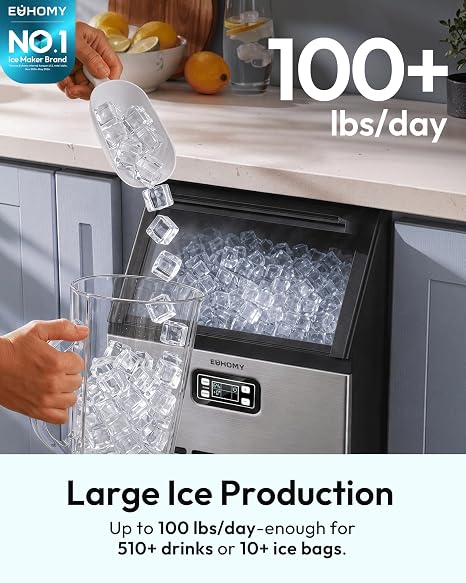 EUHOMY Commercial Ice Maker Machine, 100lbs/24H Stainless Steel Under Counter ice Machine with 33lbs Ice Storage Capacity, Freestanding Ice Maker.