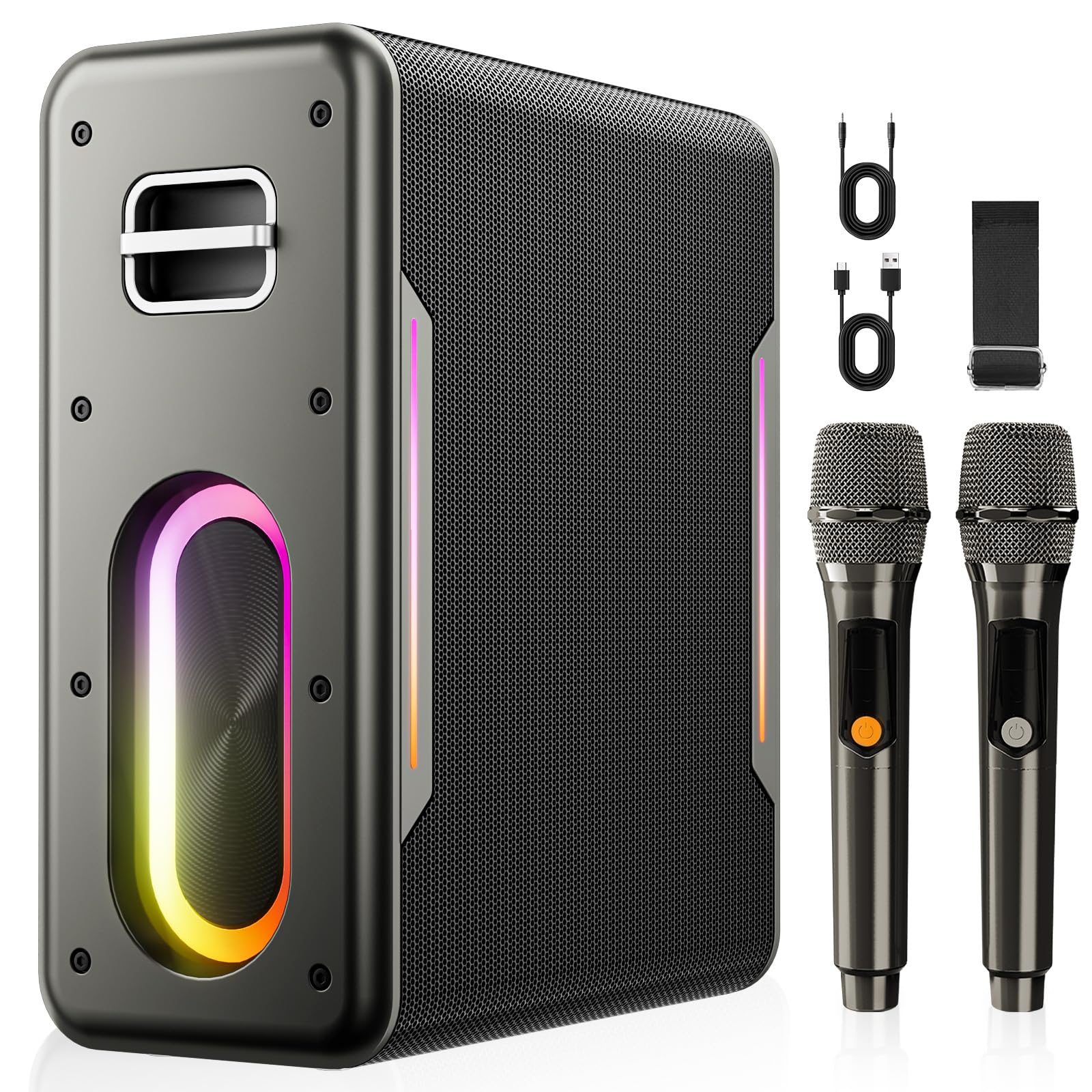 Karaoke Machine with Two Wireless Microphones, Powerful Portable Bluetooth Speaker for Adults & Kids, PA System with 2 Voice Mode, LED Lights, Supports BT/TWS/AUX/USB/TF for Party