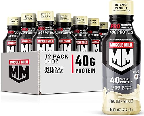Muscle Milk Pro Advanced Nutrition Batido de proteínas, vainilla intensa, botella de 14 onzas líquidas, paquete de 12, 1.41 oz de proteína, 0.04 oz