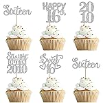 30PCS 16th Birthday Cupcake Toppers Glitter Sixteen Happy 16th Straight Outta 2010 Cupcake Picks for Cheers to 16 Years 16 th Birthday Wedding Anniversary Party Cake Decorations Supplies Silver