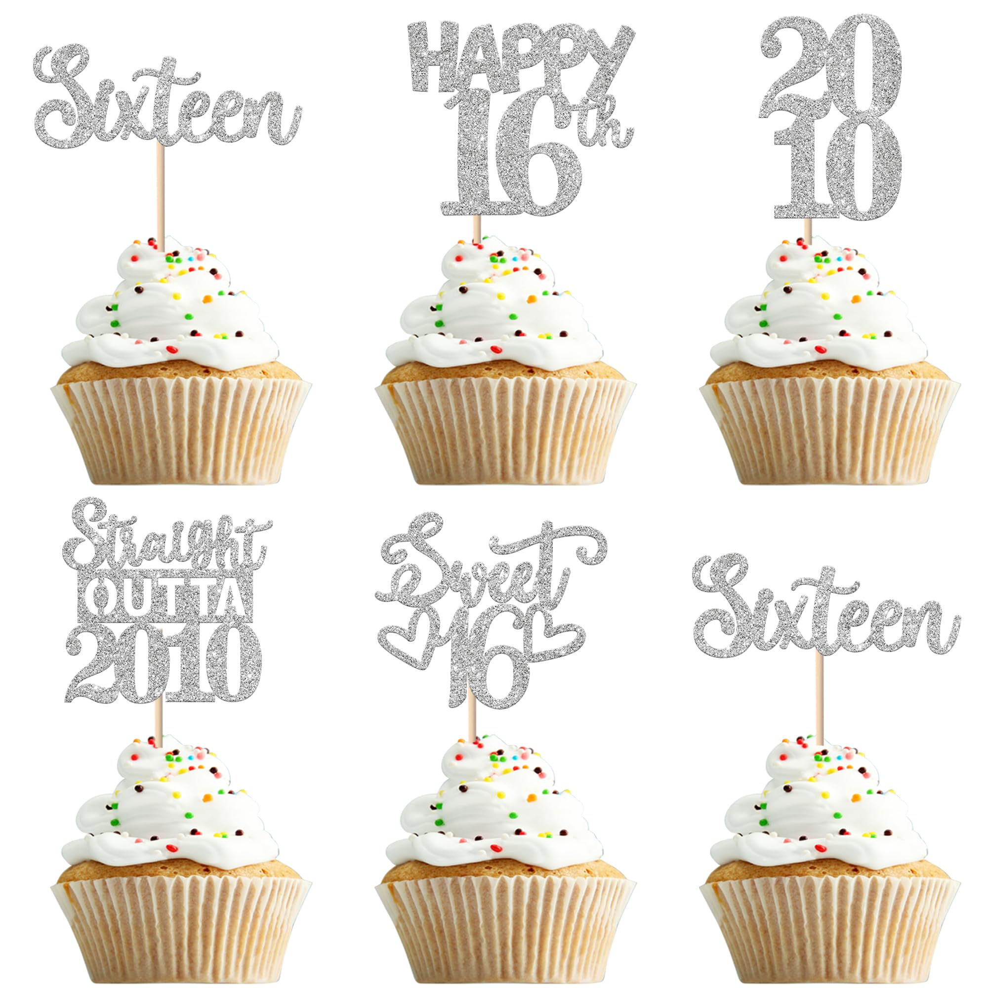 Xsstarmi 30 Pack Happy 16th Birthday Cupcake Toppers Silver Glitter Sweet 16 Straight Outta 2010 Cupcake Picks for Cheers to 16 Years 16th Birthday Anniversary Party Cake Decorations