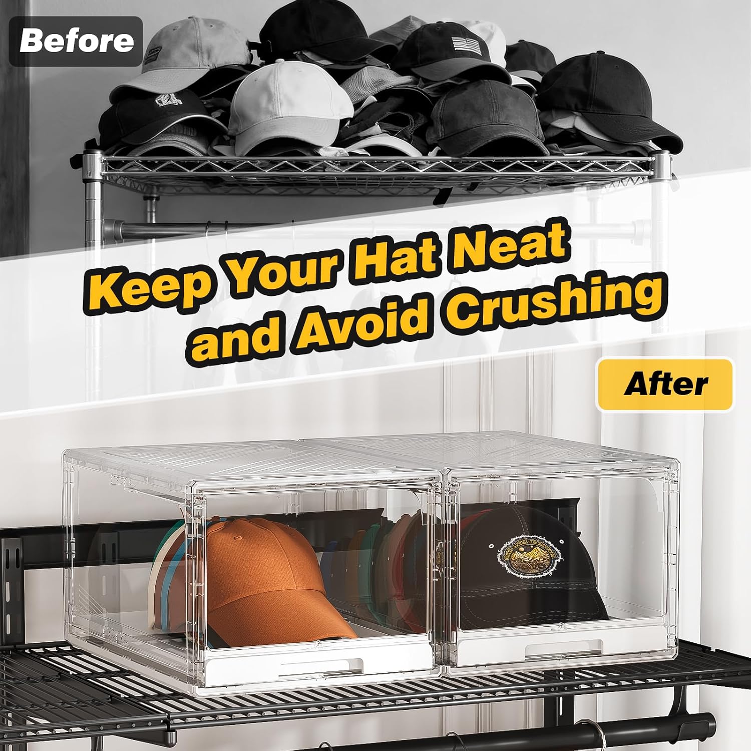 Hat Organizer for Baseball Caps 2 Pack, Clear Hat Holder Box Containers with Drawer Stackable Cap Storage Display Case for Hats Snapback Cap