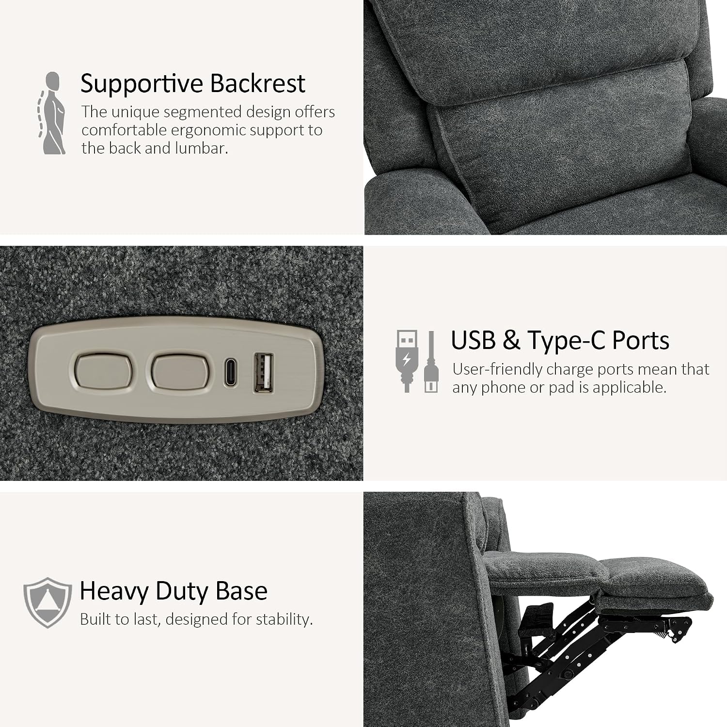 MCombo 26.4'' Oversized Power Swivel Rocker Recliner Chair, Oversized Power Recliner Chair for Big and Tall People, USB A&C Ports, for Living Room, Nursery, Fabric OE678 (Dark Grey)