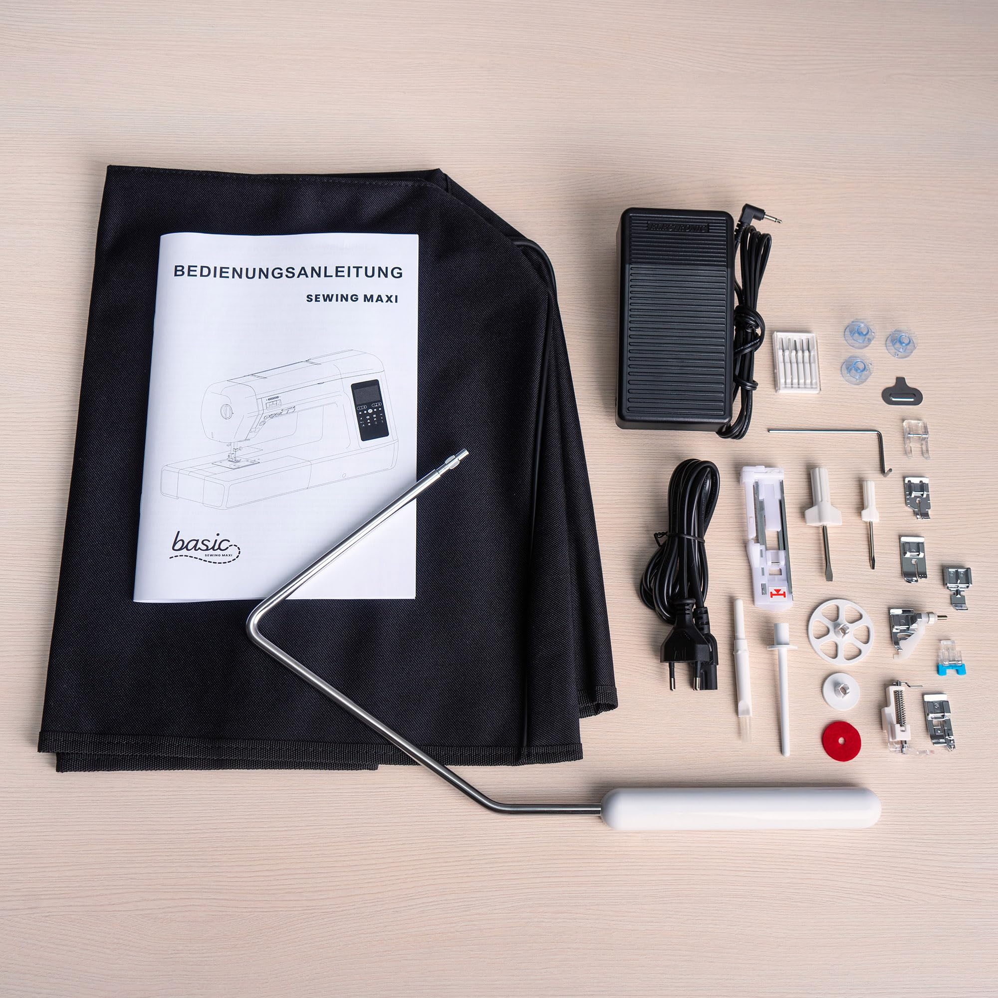 Nähwelt Flach Basic Sewing Maxi Computer-Nähmaschine – Langarm Nähmaschine mit 30 cm Durchlass, 200 Stichen, LCD-Display & Kniehebel, 1000 Stiche/Min