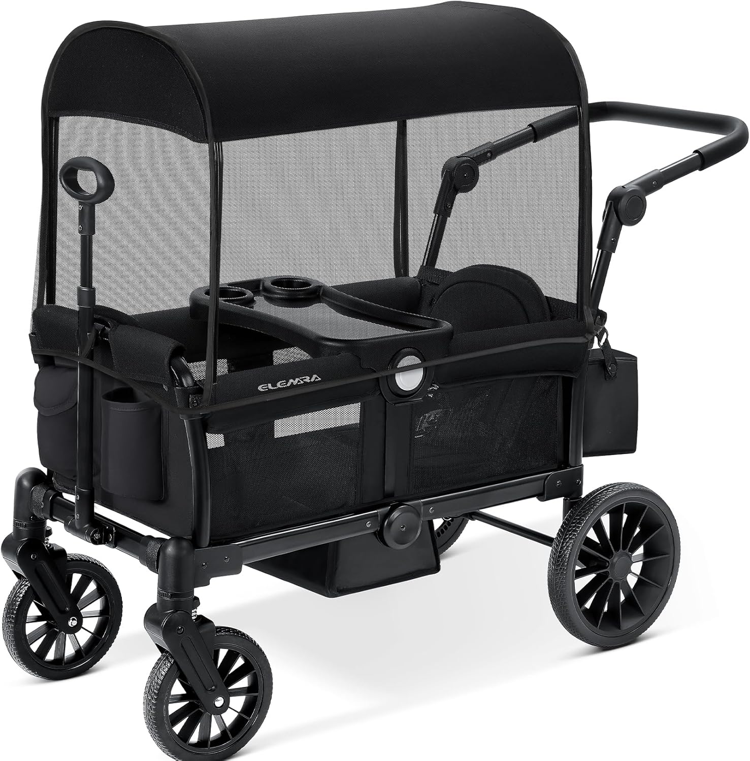 ELEMARA Foldable Stroller Wagon for 2 Kids, Premium All Terrain Wagon for Kids, Cart w/Removable Canopy, Adjustable Push/Pull Handle, Harnesses, Large Storage Bag, Black