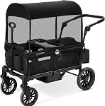 Wagon poussette pliable ELEMARA pour 2 enfants, wagon tout terrain premium pour enfants, chariot avec auvent amovible, poignée de poussée/tirage réglable, harnais, grand sac de rangement, Noir