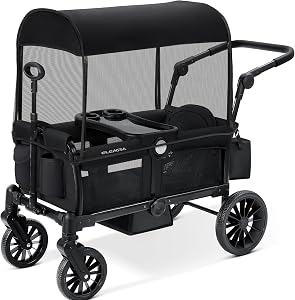 ELEMARA Foldable Stroller Wagon for 2 Kids, Premium All Terrain Wagon for Kids, Cart w/Removable Canopy, Adjustable Push/Pull Handle, Harnesses, Large Storage Bag, Black