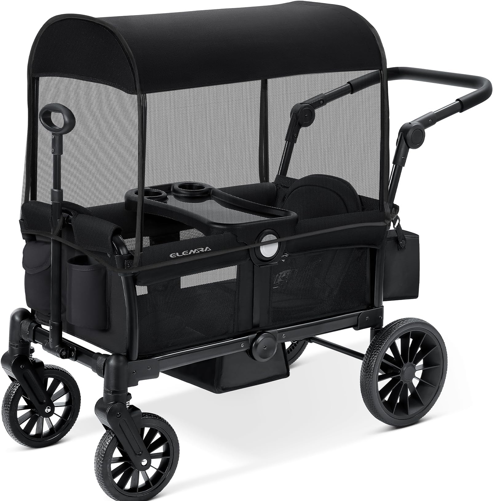 ELEMARA Foldable Wagon Stroller, Stroller Wagon for 2 Kids, Premium All Terrain Wagon for Kids with Removable Canopy, Adjustable Push/Pull Handle, Harnesses, Large Storage Bag, Black