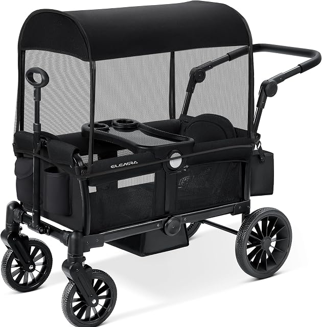 Wagon poussette pliable ELEMARA pour 2 enfants, wagon tout terrain premium pour enfants, chariot avec auvent amovible, poignée de poussée/tirage réglable, harnais, grand sac de rangement, Noir