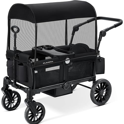 ELEMARA Stroller Wagon, 2 Seat Stroller for 2 Kids, Premium All Terrain Stroller for Kids w/Removable Canopy, Adjustable Push/Pull Handle, Large Storage Bag, Black