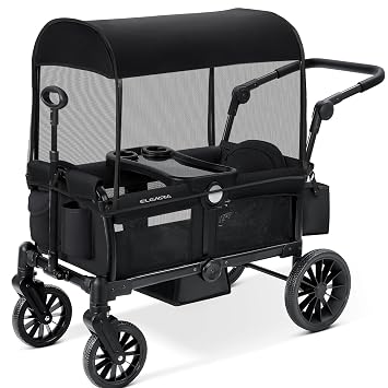 ELEMARA Foldable Wagon Stroller, Stroller Wagon for 2 Kids, Premium All Terrain Wagon for Kids with Removable Canopy, Adjustable Push/Pull Handle, Harnesses, Large Storage Bag, Black