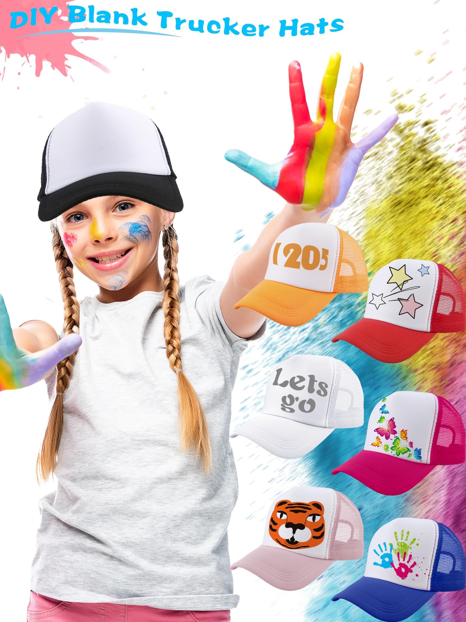 14 Stück Kinder-Truckermützen, einfarbig, Netz-Baseballkappe, Sommer-Sublimationshut, DIY-Baseballmütze für Kinder, Jungen, Mädchen