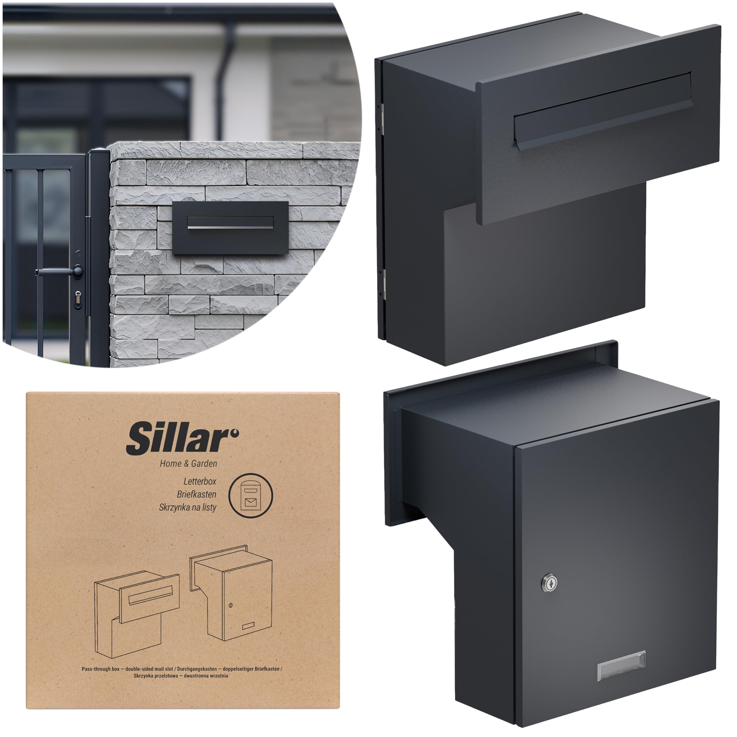 Sillar Buzón Empotrado en Pared Antracita con Placa para el Nombre | Caixa de Correo Exterior de Acero Galvanizado con Marco de Cobertura | Tapa Doble | 33 x 35 x 19-26 cm | Cerradura y 4 Llaves