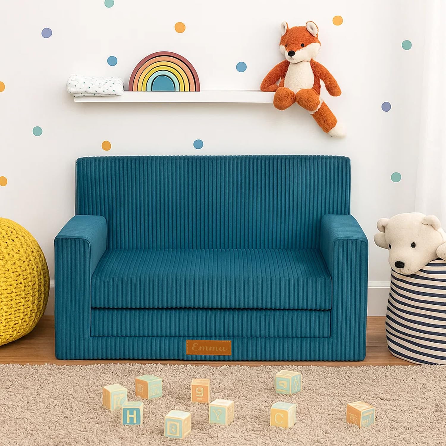 3in1 Kindersofa, Cord Spielsofa, Schlafsofa und Klappsofa, Personalisierbar, EU-Herstellung, (Blau)