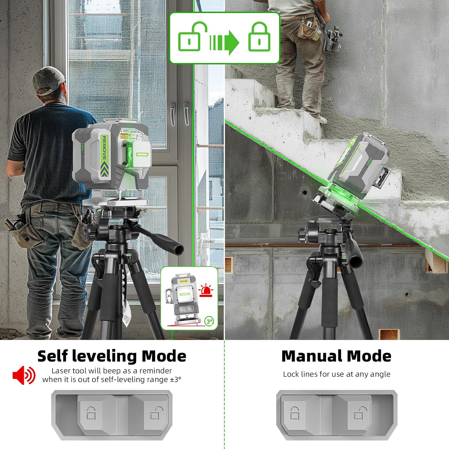 HueparPro Laser Level Self Leveling 3x360° Green Cross Line Tiling Laser Level Tool for Construction and Picture Hanging and Fine-tuning Magnetic Bracket for Laser Level - ZK03DGS & PV10+P