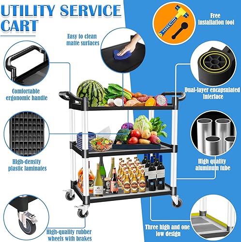 Miniatura 2 de AQNIEGEP Carros utilitarios con ruedas, carrito rodante resistente de 510 libras con ruedas bloqueables, carrito de restaurantecocinaservicio de