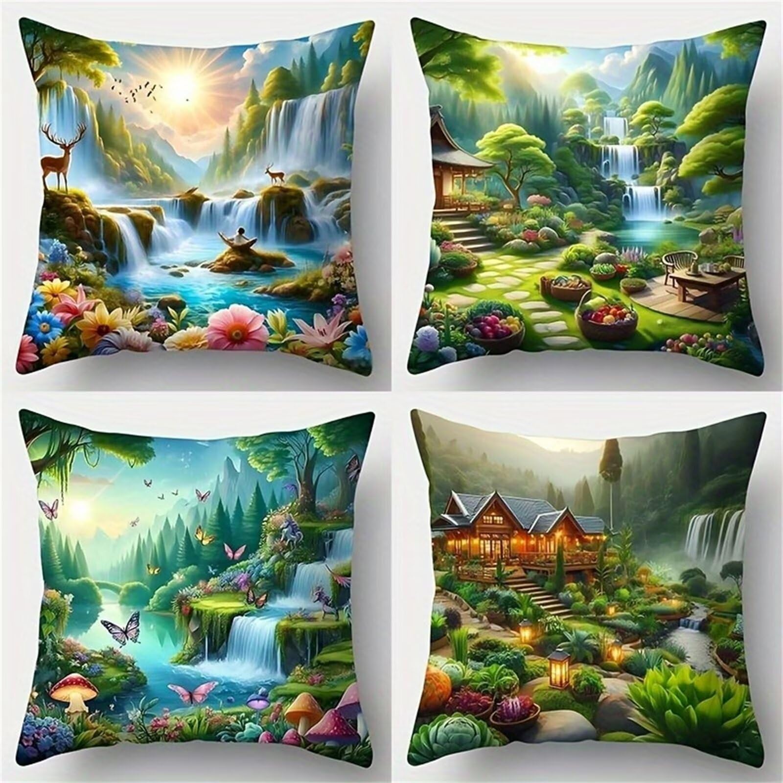 Heaen Outdoor Cushions Covers Waterproof 45x45 cm Set of 4 Square Linen Pillow Cases Sunrise Waterfall Scenery Decorative Dushions for Sofa Porch Patio Home Decor