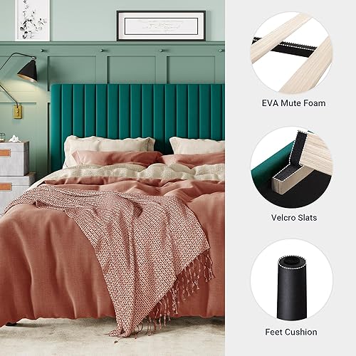 Miniatura 5 de Allewie Base de cama matrimonial, cama de plataforma tapizada de terciopelo con cabecera capitoné de canal vertical ajustable, base de colchón con