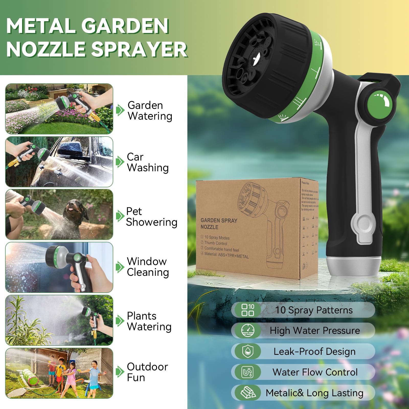 Boquilla de manguera de jardín resistente, boquilla de manguera de agua de metal con 10 patrones de pulverización ajustables, boquilla rociadora de manguera de alta presión, válvula de encendido y
