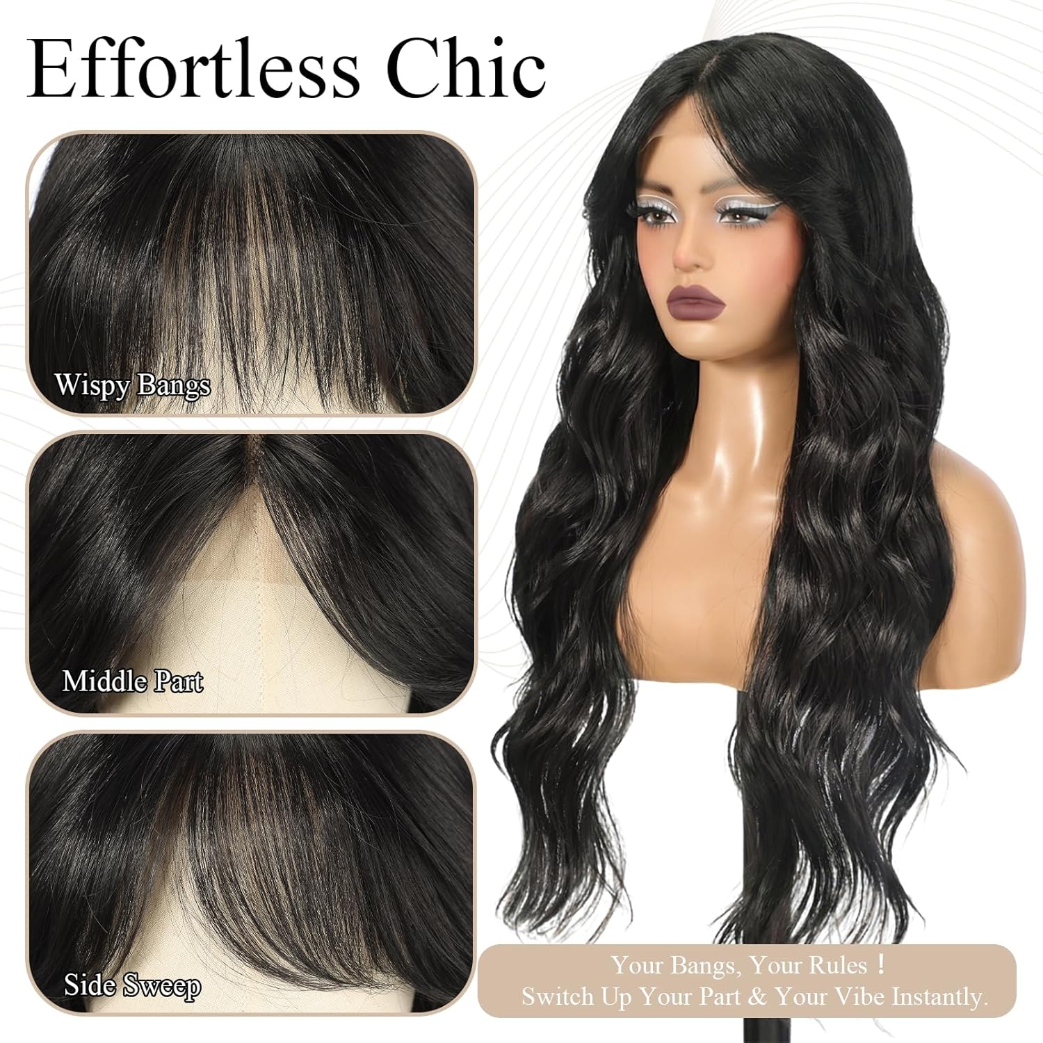 BLONDE UNICORN Black Synthetic Lace Front Wig,Long Body Wavy Wigs With Bangs,T Part Glueless Wigs for Women Cosplay Daily Use 28IN(#1B)