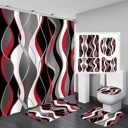 Nkzply Juego de 4 cortinas de ducha a rayas rojas y negras con alfombras y tapa de inodoro, juegos de baño gris y blanco, decoración moderna de baño