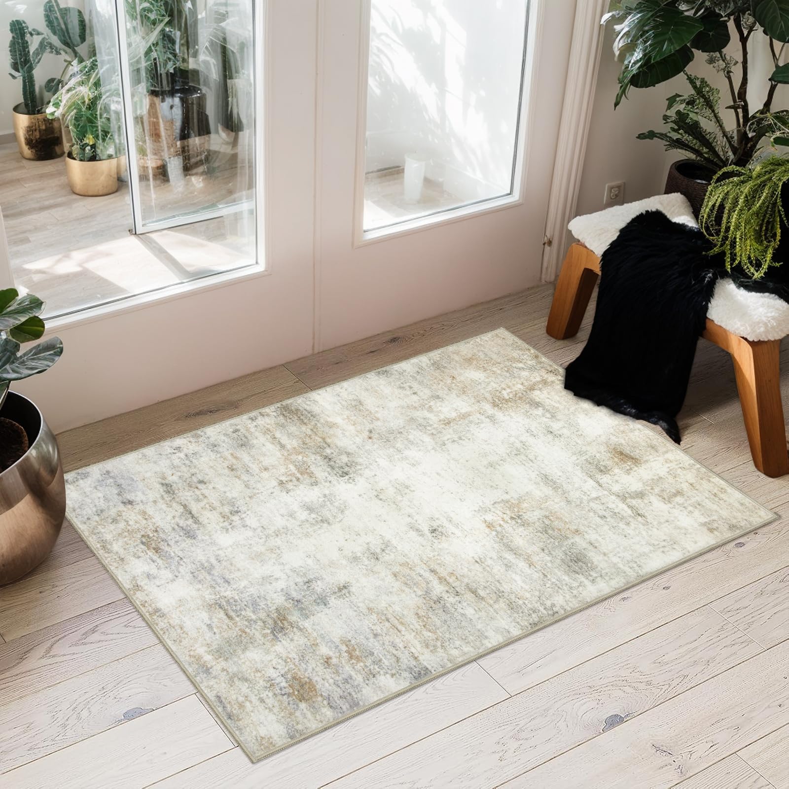 Capslpad Small Abstract Area Rug 2x3 Beige Entryway Washable Door Mat Indoor Entrance, Non Slip Throw, Printed Faux Wool Front for Foyer Kitchen