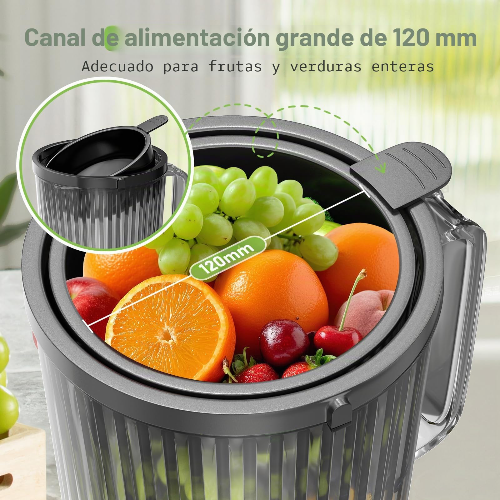Exprimidor 250W 2,3 L prensado en frío, para frutas y verduras enteras, 65 RPM, eléctrico, con tolva de alimentación de 12 cm, Extractor de zumos y verduras