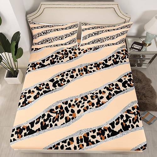 Miniatura 8 de Sábanas con estampado de leopardo y guepardo,Juegos de sábanas tamaño King de animales de safari africano,Sábanas con patrón de piel de cebra,