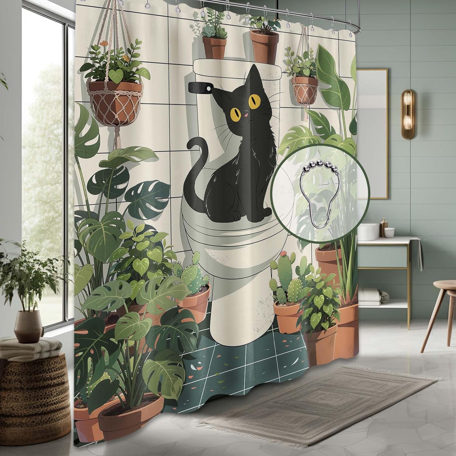 Plant Shower Curtain Botanical Green Leaf Funny Black Cat Shower Curtains for Bathroom Decor Sets, Waterproof Cloth Fabric with Hooks, 70x72 Inch